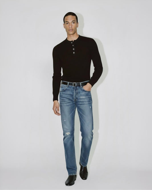 Slim Fit Distressed Jeans in Mid Blue