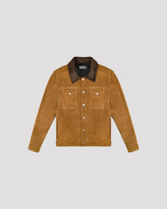 Leather-Trimmed Suede Trucker Jacket in Tan