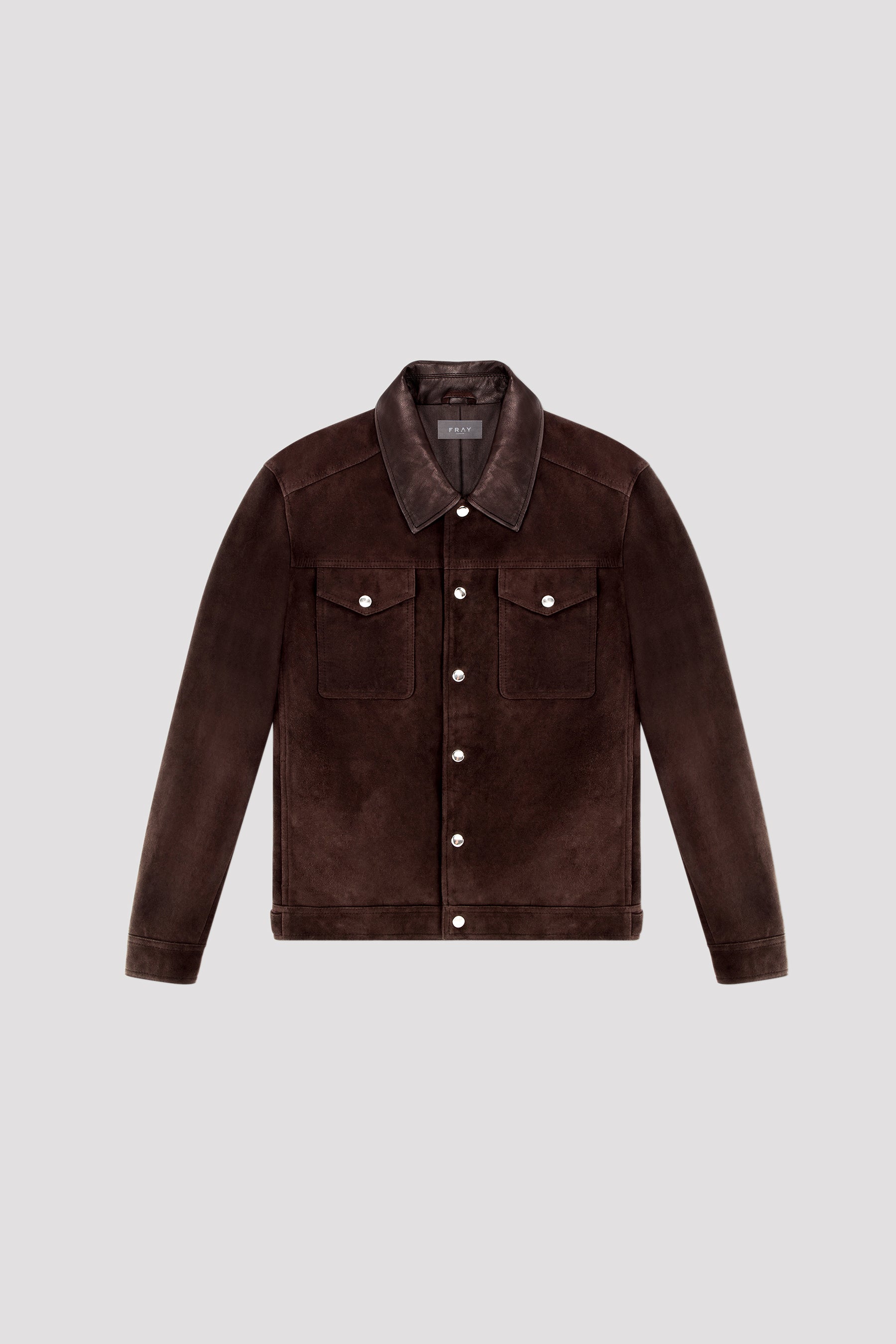 Iconic Suede Trucker Jacket: Features a minimalist design, Cut From Chocolate Suede & Topped With a Leather Collar. Elevate Your Style. Shop Now!