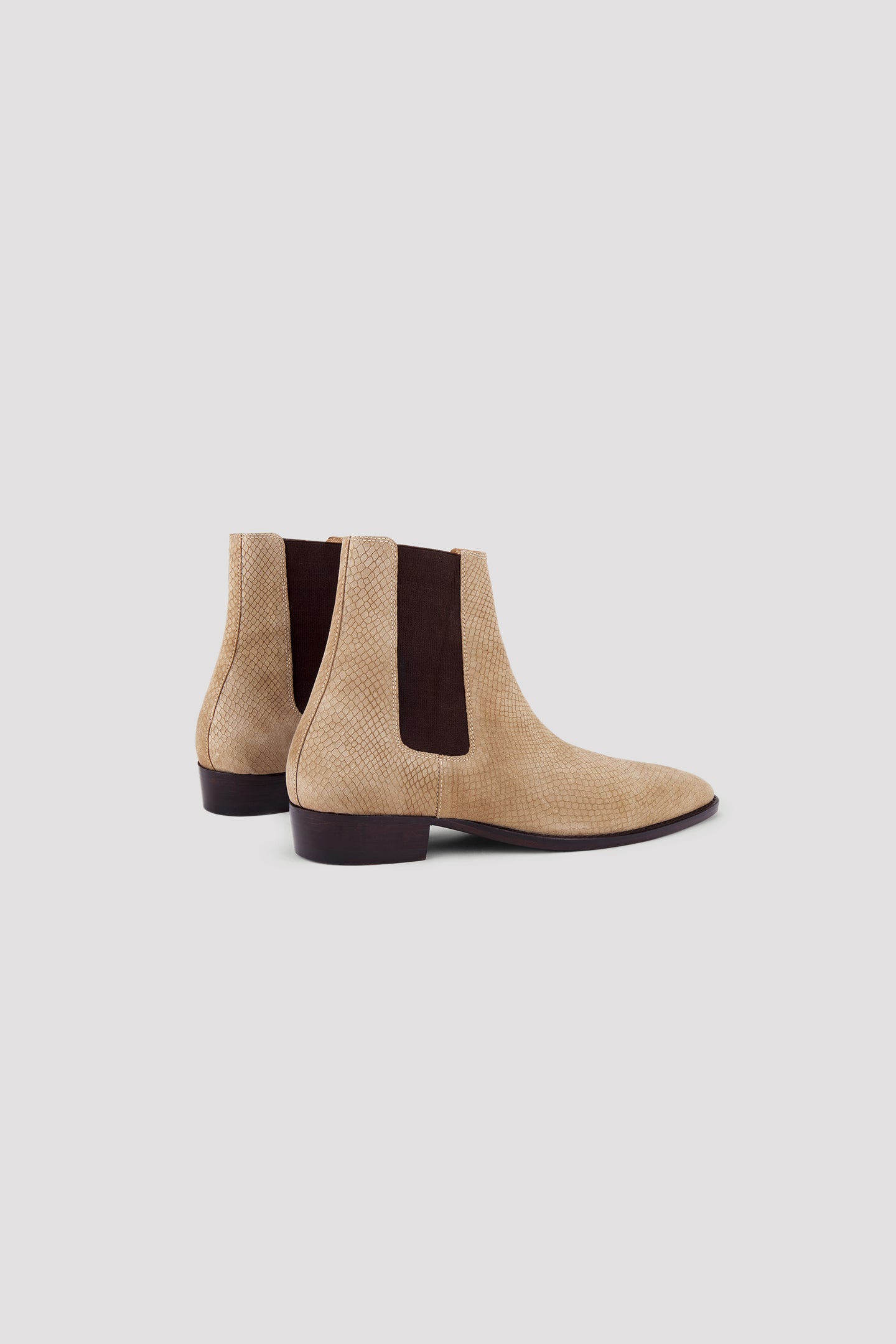 Snake-Effect Chelsea Boots in Sand: Elevate Your Style with Fray's Minimalist Design, Hand-Crafted in Italy. Embossed Snake-Skin, Elasticated Sides, Cuban Heels. Shop Now!