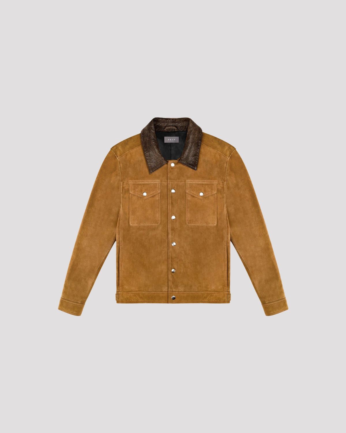 Leather-Trimmed Suede Trucker Jacket in Tan