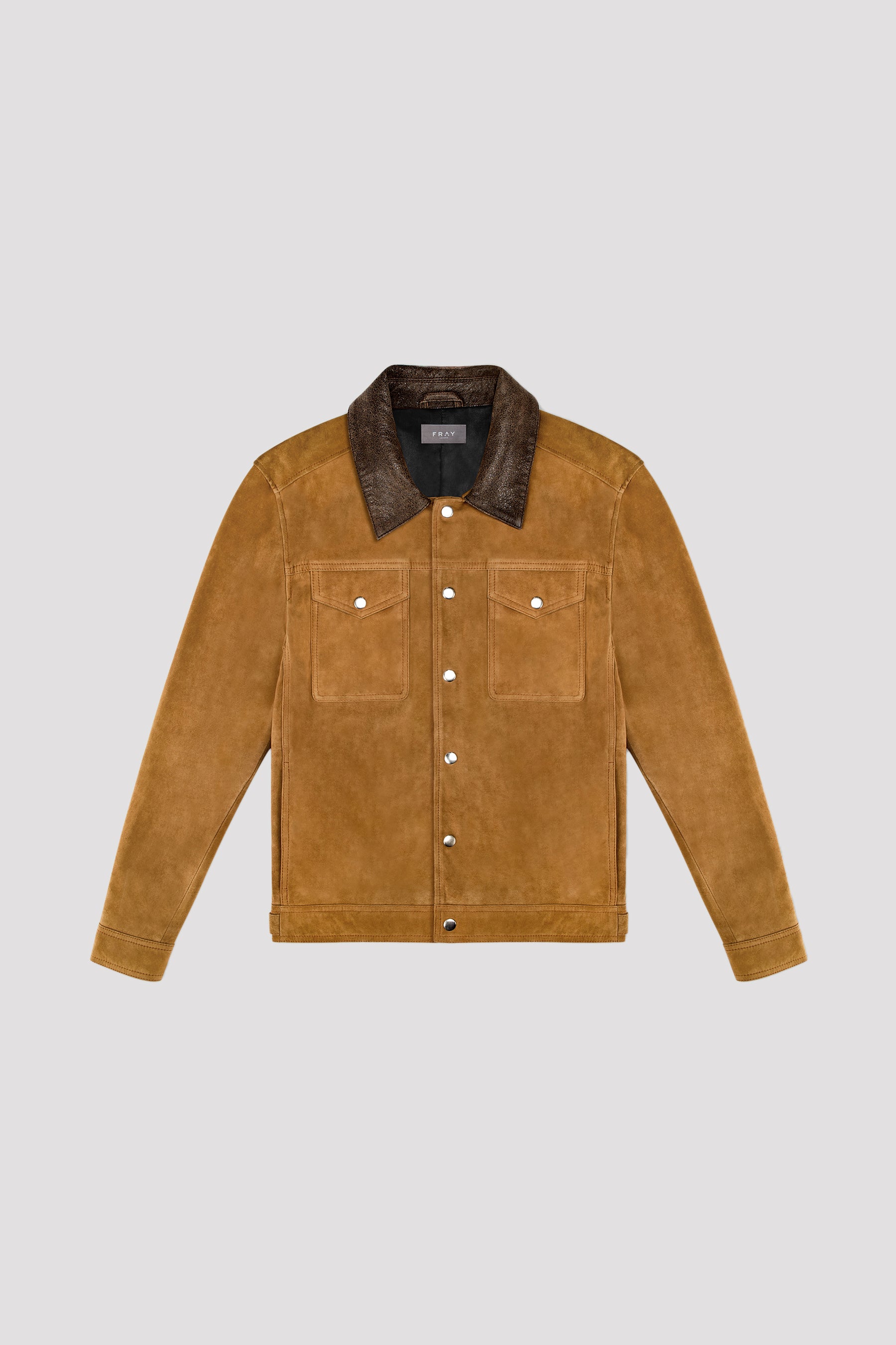 Iconic Suede Trucker Jacket in Tan: Features A Minimalist Design, Cut From Supple Suede & Topped With a Leather Collar. Elevate Your Style. Shop Now!